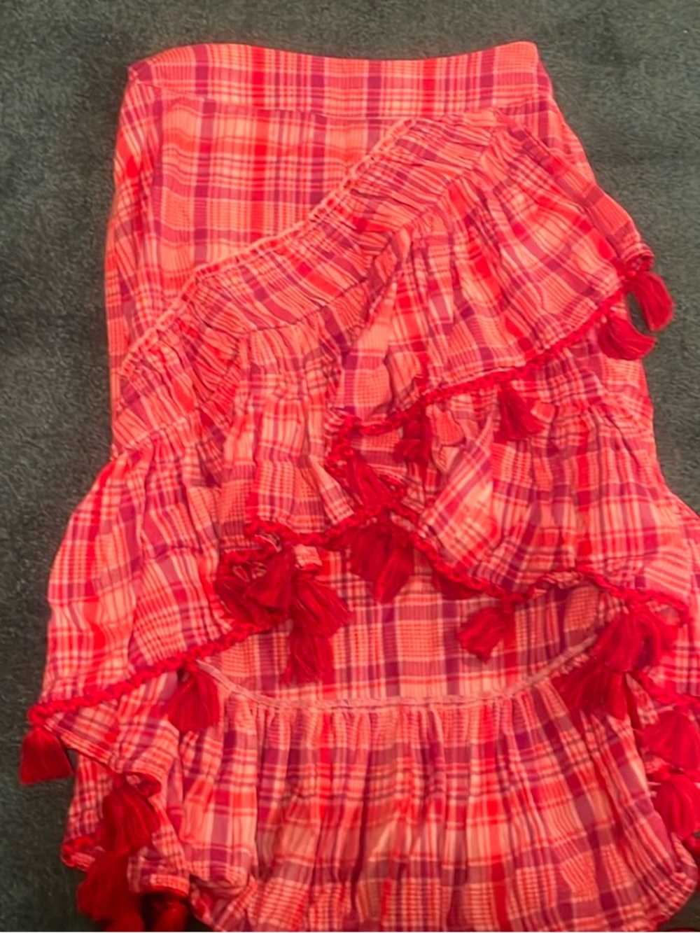 Misa Los Angeles Red Plaid High-Low Tassel Maxi Skirt